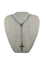 Vintage Blue Beaded Sterling Rosary Necklace