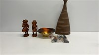 (2) 7’’ carved African statues, pretty glass bowl