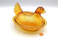 Vtg. Indiana Glass Amber Nesting Hen
