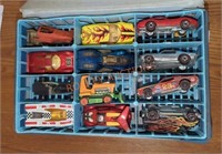Vintage matchbox and Hot Wheels cars in case