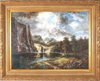 LANDSCAPE OIL ON CANVAS  WITH WATERFALL & MOUNTAIN
