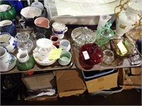 2 TRAYS COLORED GLASS, VASES, PITCHERS