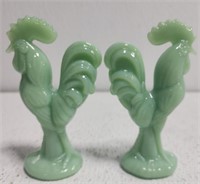 Pair of green Jadeite glass decorative roosters