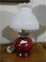 RED GLASS OIL LAMP W/HOBNAIL SHADE