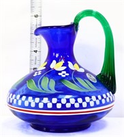 Fenton blue Designer Showcase pitcher w/ flowers