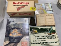 RED WING SHOE BOX, METAL NOVELTY TRAIN SIGNS,