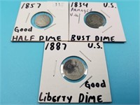 3 US silver coins: 1857 Seated Liberty half dime,