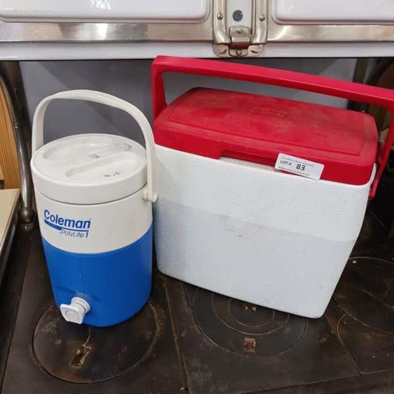 Coleman thermos and red/white cooler