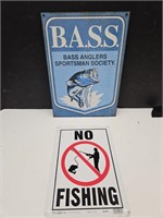 Metal No Fishing & Bass Signs 9.5" 12" Wide