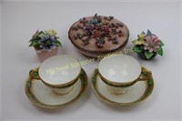 TWO 1868 CUPS AND SAUCERS + POSIES AND DRESSER JAR