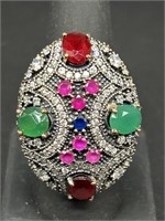 Sterling Silver w/ Multi Gem Stone Ring 
Size 8.5
