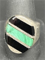 925 Silver w/ Black Onyx & Malachite Ring, Size 11
