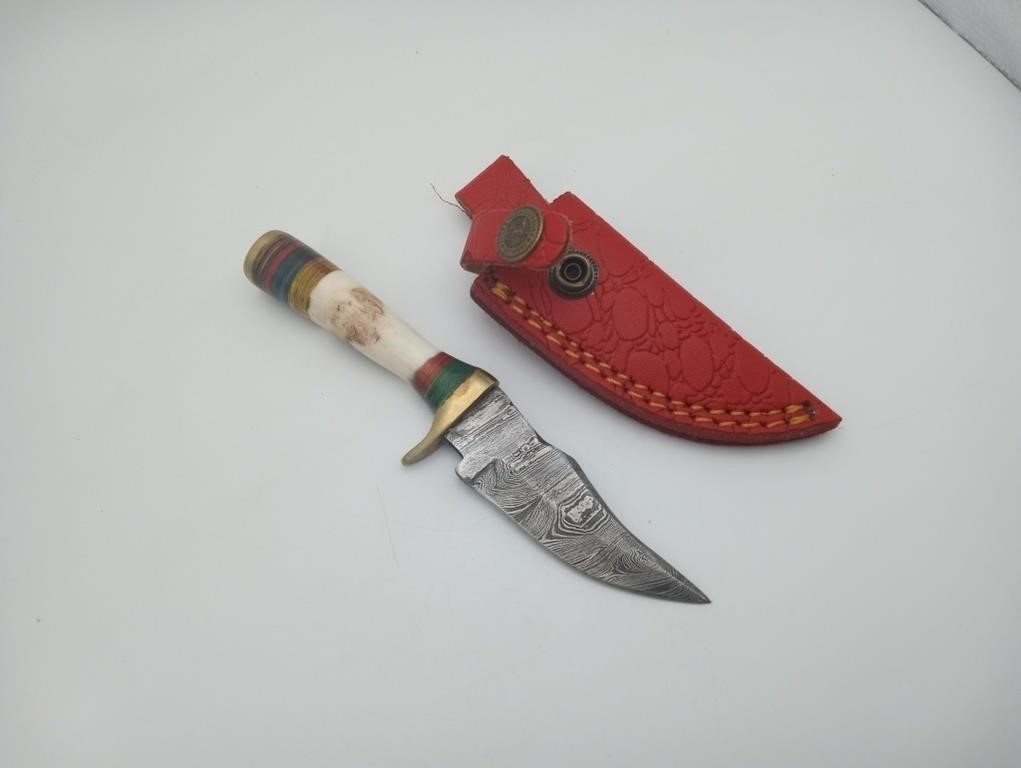 Damascus Steel Horn Clip Knife & Sheath