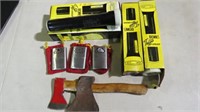 COLLECTION OF CAMPING ITEMS, HATCHET, FLASHLIGHTS