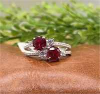 Rhodium .925 Sterling Ruby & Diamond Stone Ring