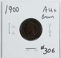 1900  Indian Head Cent   AU+ Brown