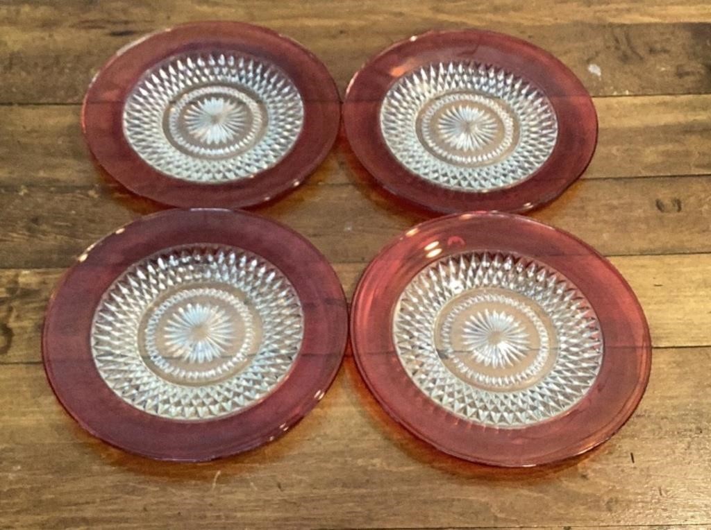 (4) 10" diamond point Ruby glass plates