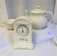 Belleek Tea Pot, Clock & Bowl