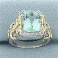 Fancy Checkerboard Cut Aquamarine and Diamond Ring