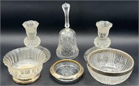 Lot Of Crystal Candle Holders, Bowl, Bell & More