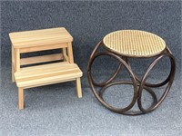 Vintage Bent Wood Footstool & Modern Step Stool