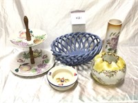 TWO-TIER SERVING DISH, BLUE BREAD BOWL, TWO VASES