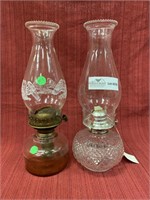 2 unmatched pattern glass oil lamps.