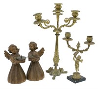 (4)CONTINENTAL BRONZE & CARVED ANGEL CANDLEHOLDERS
