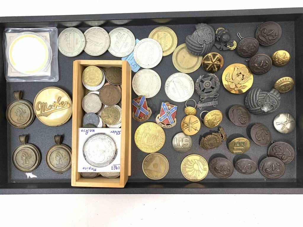 Vtg Military Buttons & Pins, Foreign Coins,