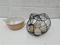 Pyrex Bowl 472wrong lid  & Wire Basket W Eggs