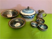 Glazed Pottery Pot w Lid, Divided Dish, Pitcher +