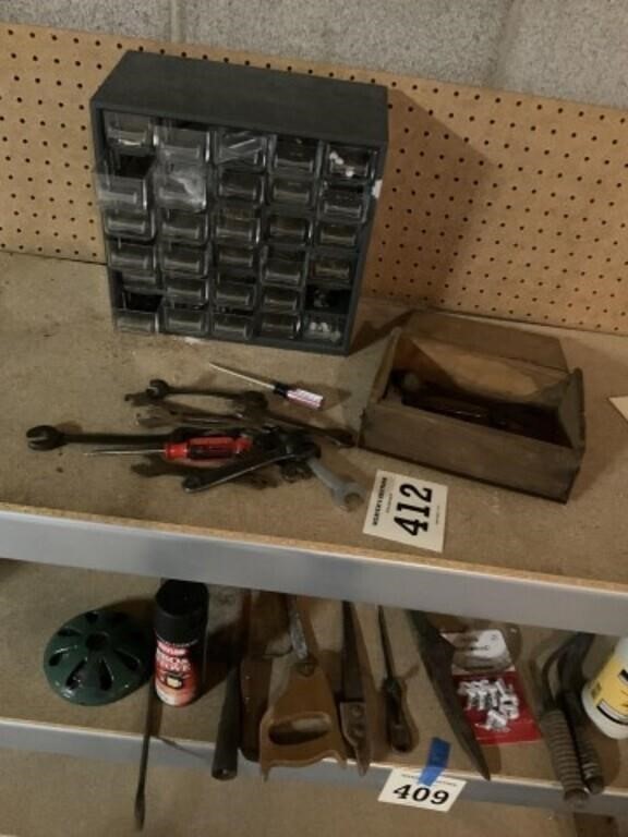 Wooden box with some early wrenches and a