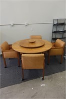 Vtg Round Wood Dining table w/ lazy Susan and 4 Ch