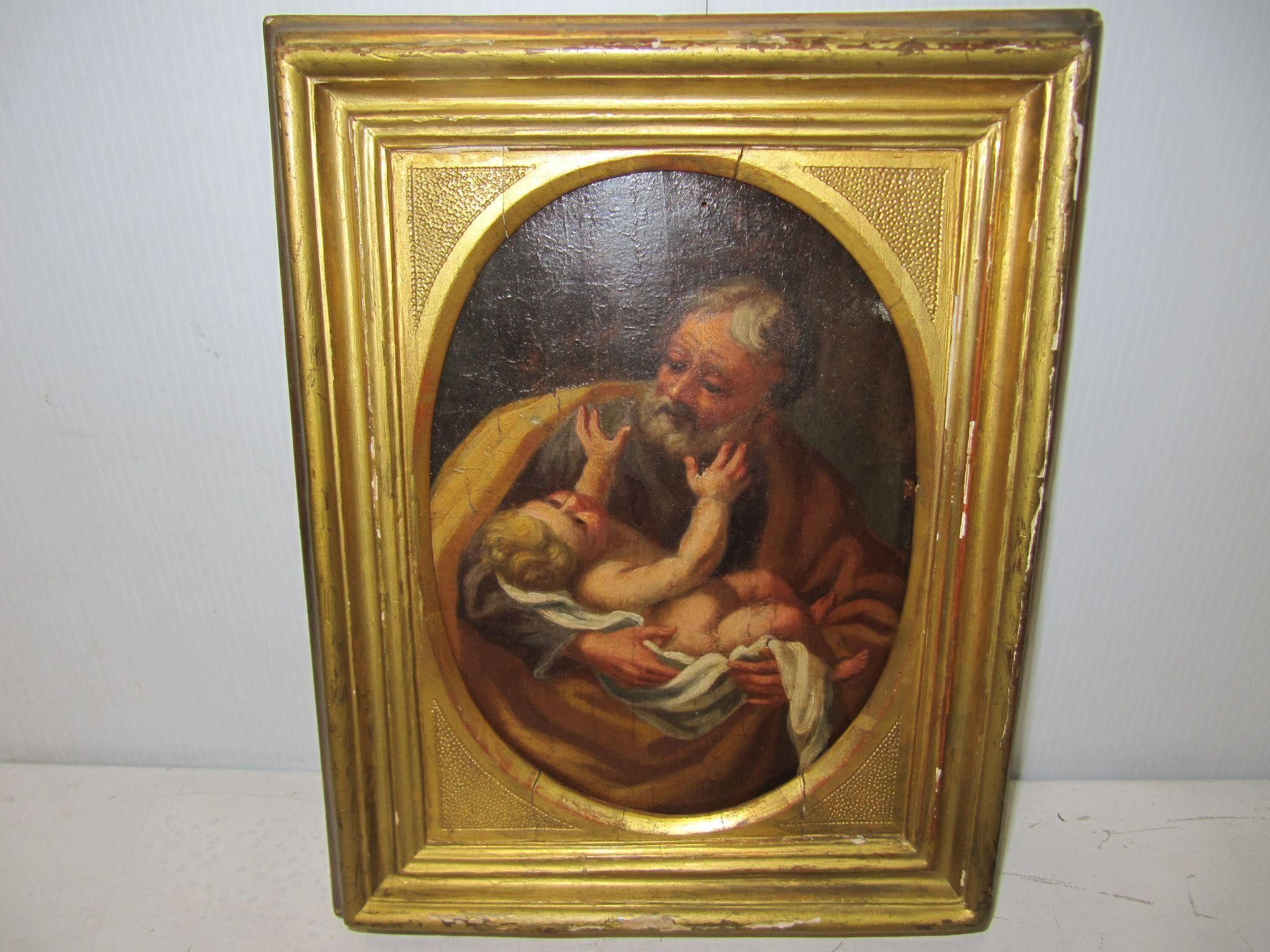 VINTAGE OIL ON BOARD FATHER & CHILD