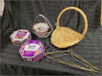 Wicker Basket, Tins, Wire Hangers