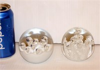 2 Clear Hand Blown Paperweight Spheres w Bubbles