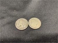 2 1889 Liberty Nickels