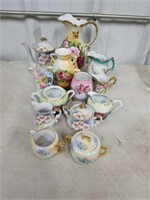 ESTATE LOT OF HAND PAINTED PITCHERS, CREAMER &