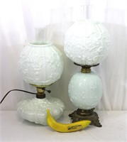 Pair Floral Milk Glass Hurricane Electric Lamps