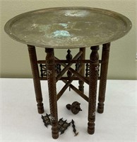 Brass Tray Top Table W/ Folding Carved Wooden Legs