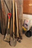 metal rake, hoe,flat and round shovel