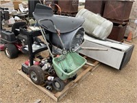 Pallet of Tools, Tanks, Wheelbarrow and Cabinet
