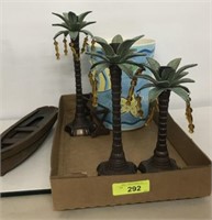 TRAY OF DECOR- PALM CANDLE HOLDERS, MISC