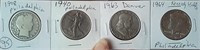 FOUR silver half dollars 1908 1940 1963 1964