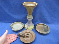 4 handmade pottery pcs (candle -2 dishes -tall pc)