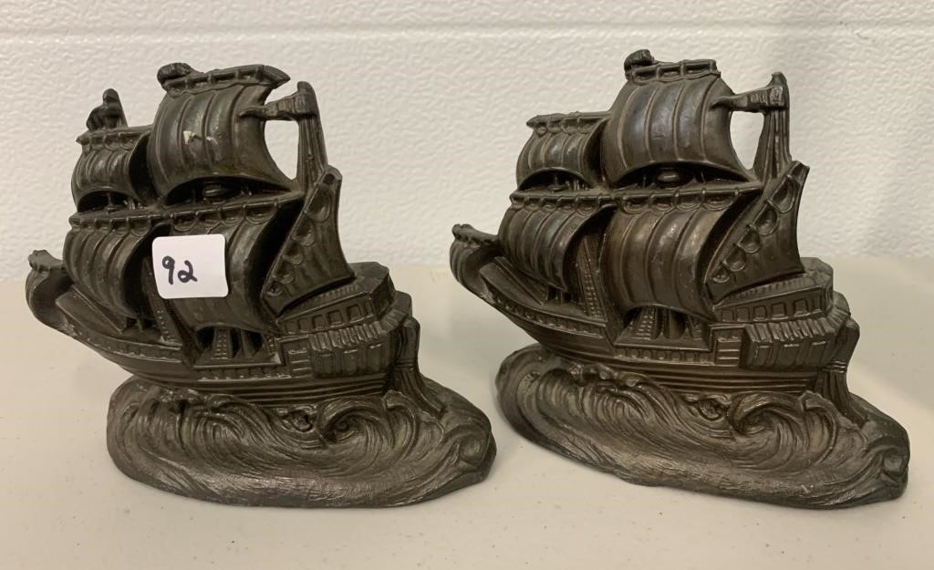Pair of White Metal Ship Bookends 5 1/2"Lx4 1/2"H