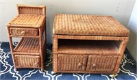 66-WICKER TV CART AND ACCENT TABLE