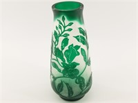 Green, sand carved cameo art vase. Glass is in fla