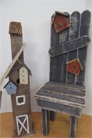 31"H Primitive Wood Bench & Birdhouse Decor