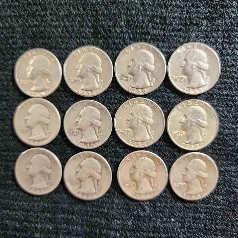 12 Washington Silver Quarters, 90% Silver